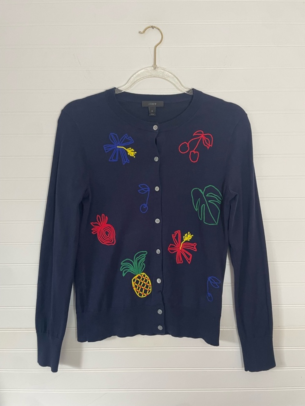 J.Crew Embroidered Multicolored Fruit Navy Blue Cardigan Size Small - Picture 2 of 7